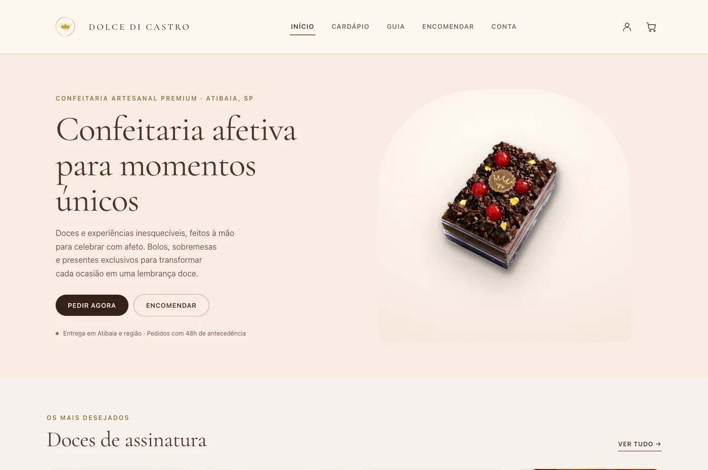 Página inicial do antigo site Dolce Di Castro mostrando confeitaria afetiva e bolo de chocolate