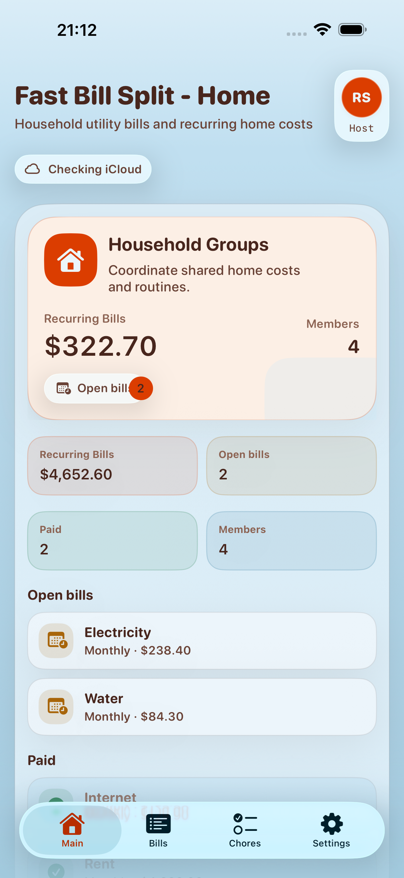 FastBillSplit home screen on iPhone