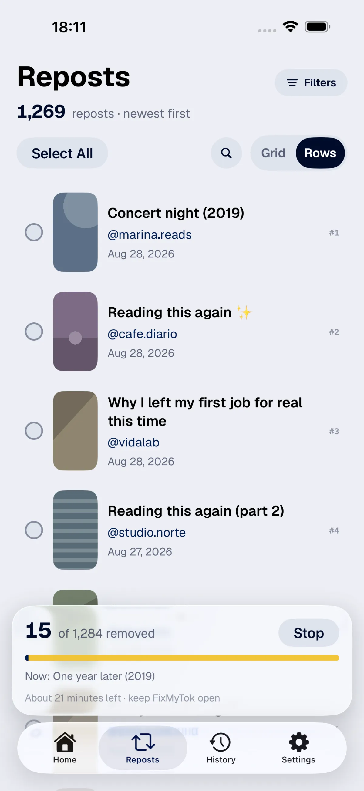 FixMyTok showing a bulk cleanup in progress