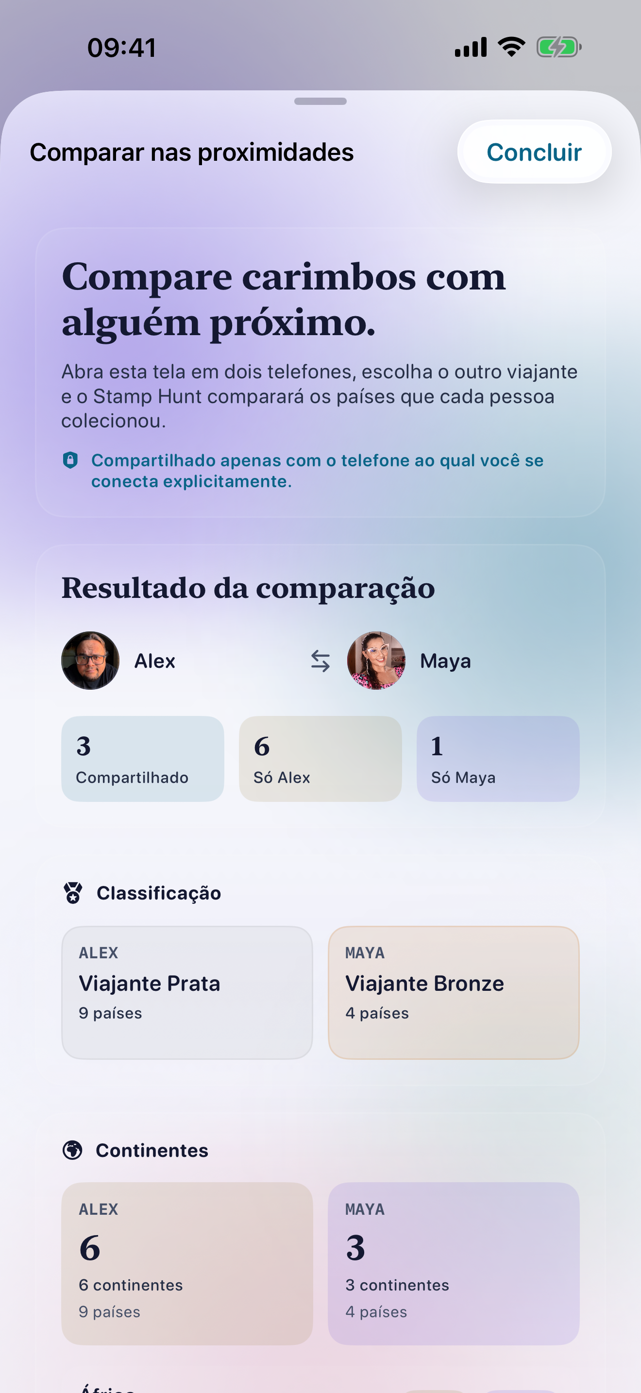 Stamp Hunt screen comparing collections with nearby users