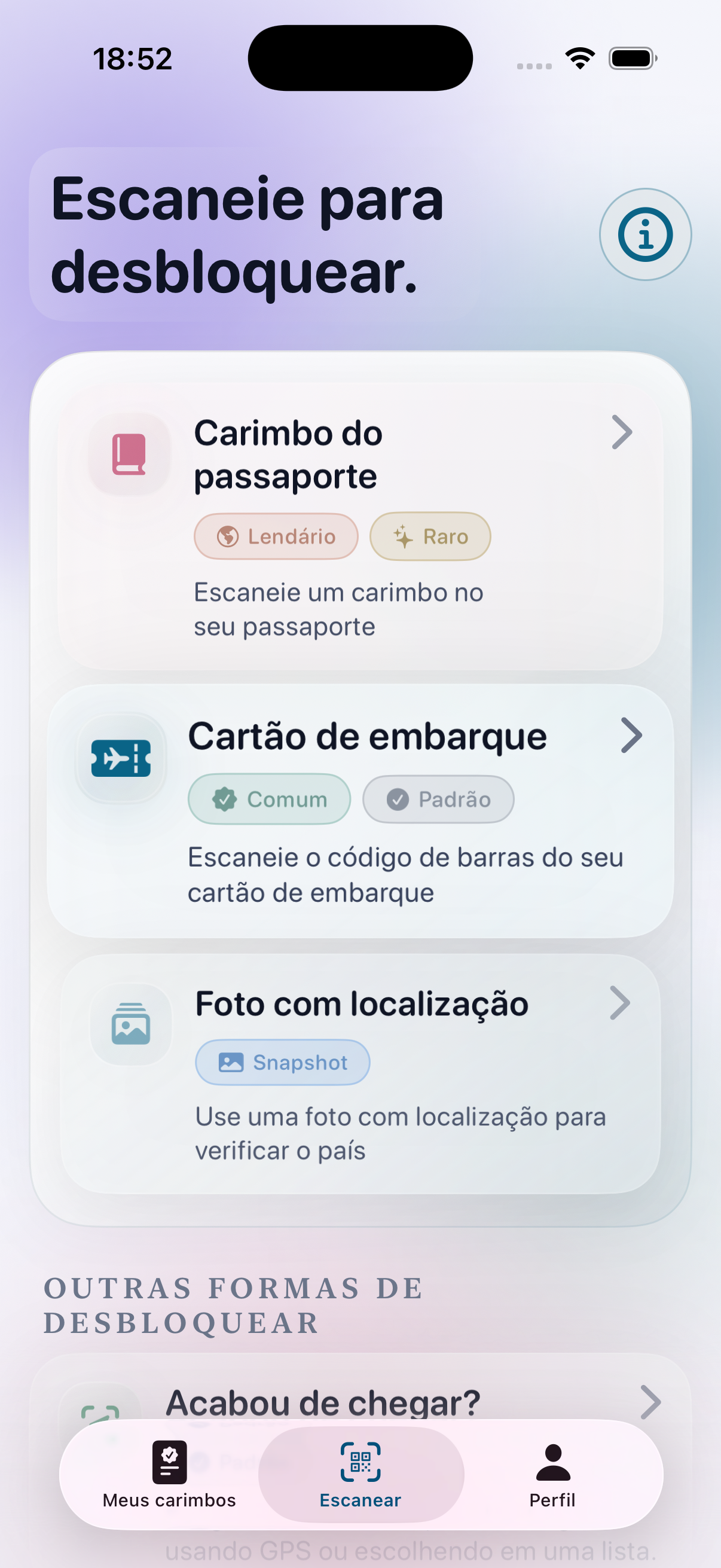 Stamp Hunt screen for scanning travel evidence and unlocking stamps